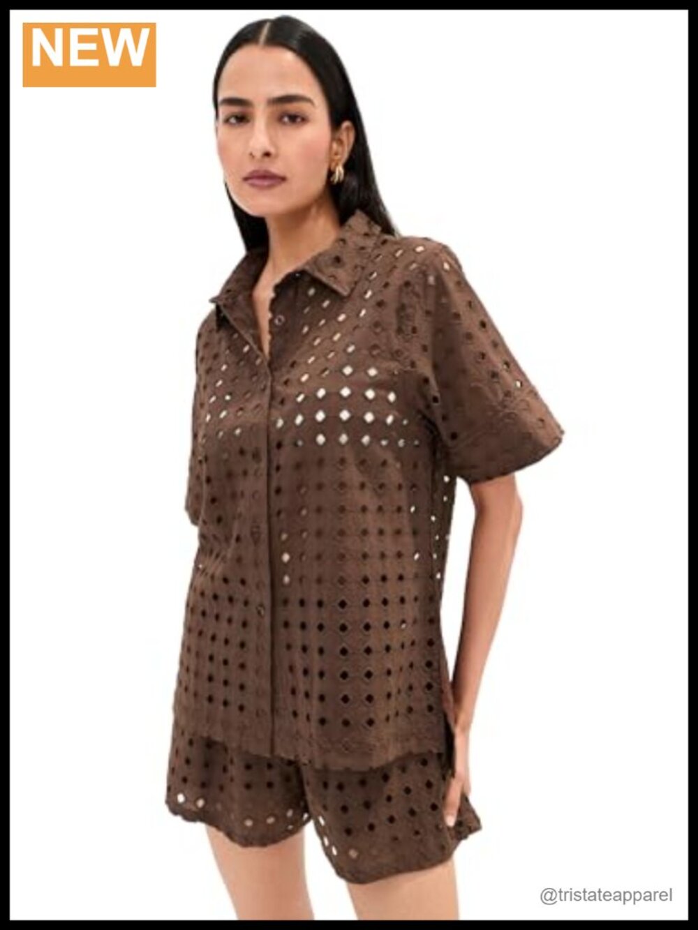 Leila Button Down Shirt, Cotton Geometric Eyelet Short Sleeve